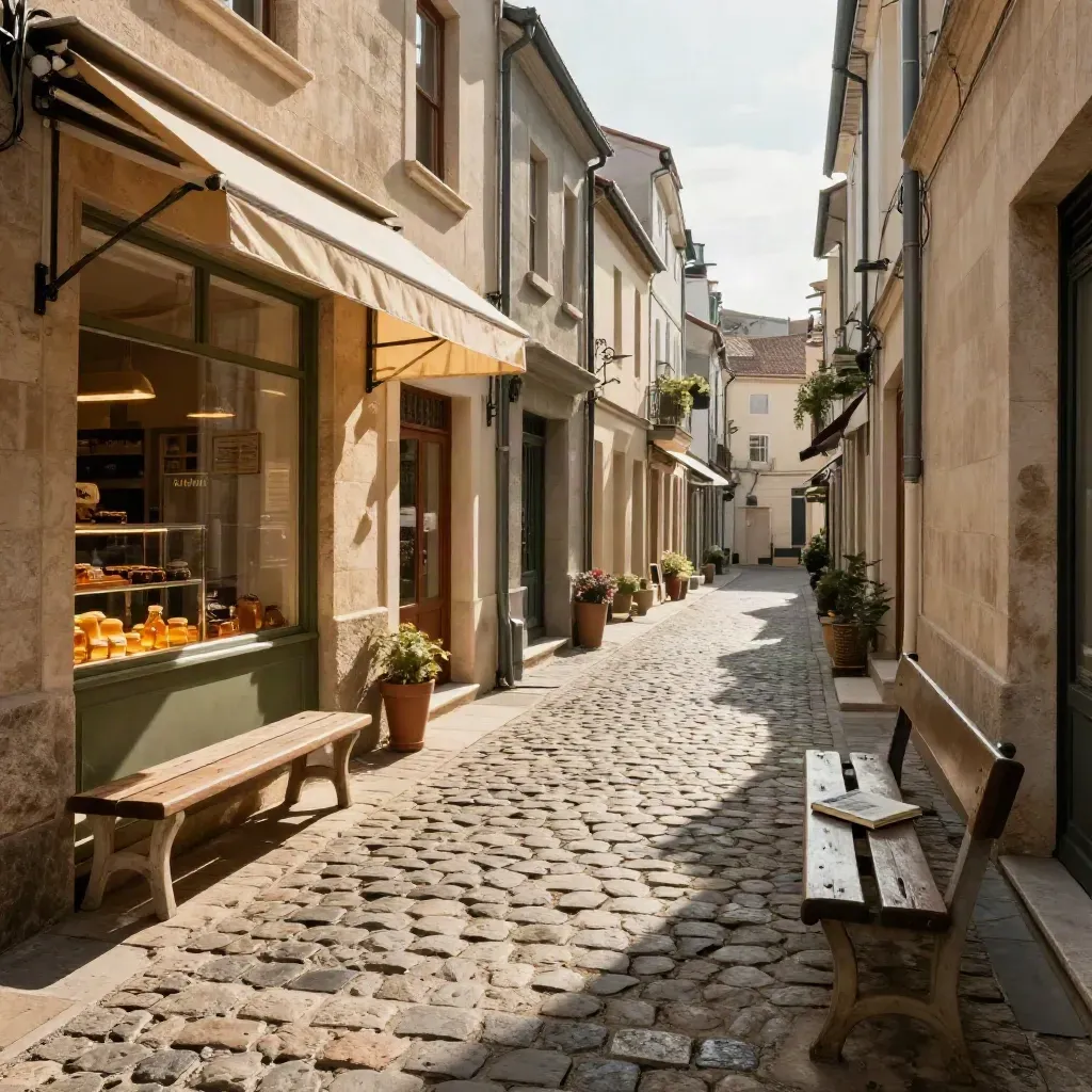 Old city lane with cobbles, café awnings, bakery glow, bench, and a closed guidebook