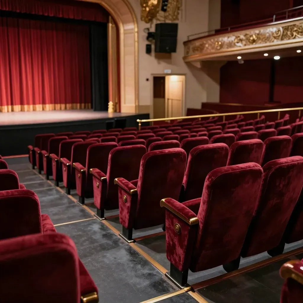 Empty velvet-seated theatre with lit stage curtain and glowing foyer beyond the aisle.