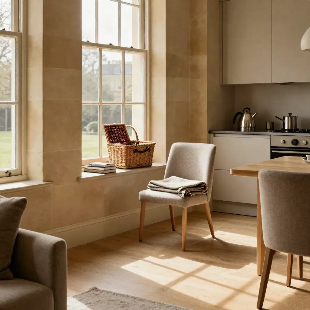 Bath apartment with books, blanket and picnic basket beside a sunlit limestone window.
