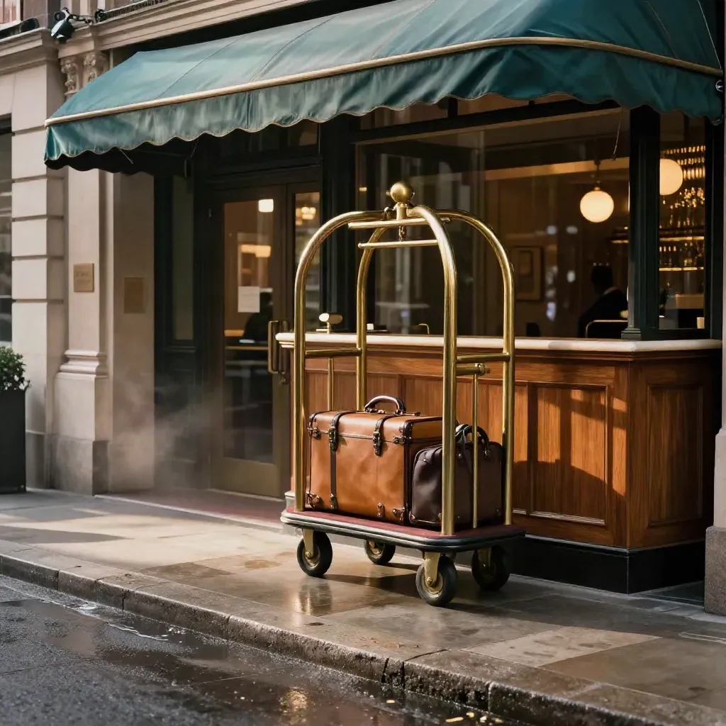 Empty Bristol hotel lobby with luggage trolley by wet curb and city lights beyond canopy.