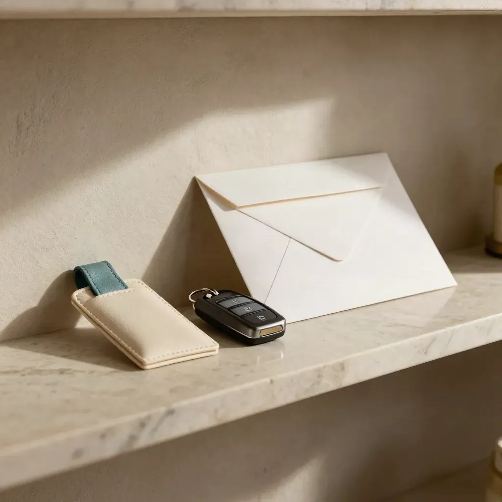 Hotel key sleeve, car fob and sealed envelope on a marble shelf in soft side light.