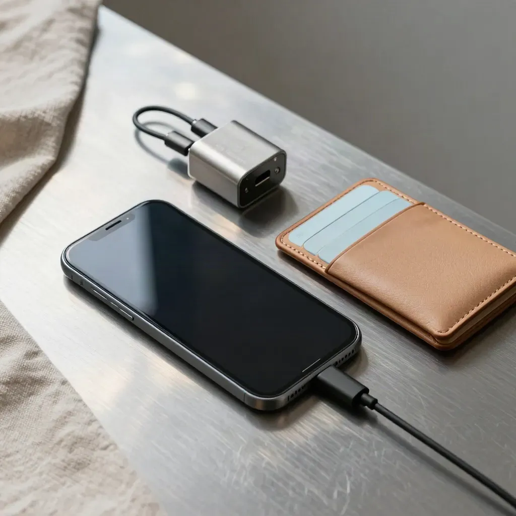 Travel support items on a brushed desk: phone, card case, charger and itinerary wallet