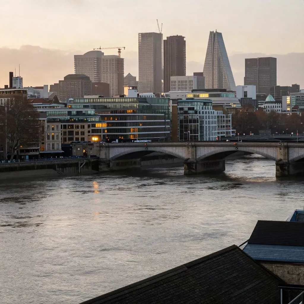 Hazy blue-hour London skyline and Thames with bridge forms above calm reflective water.
