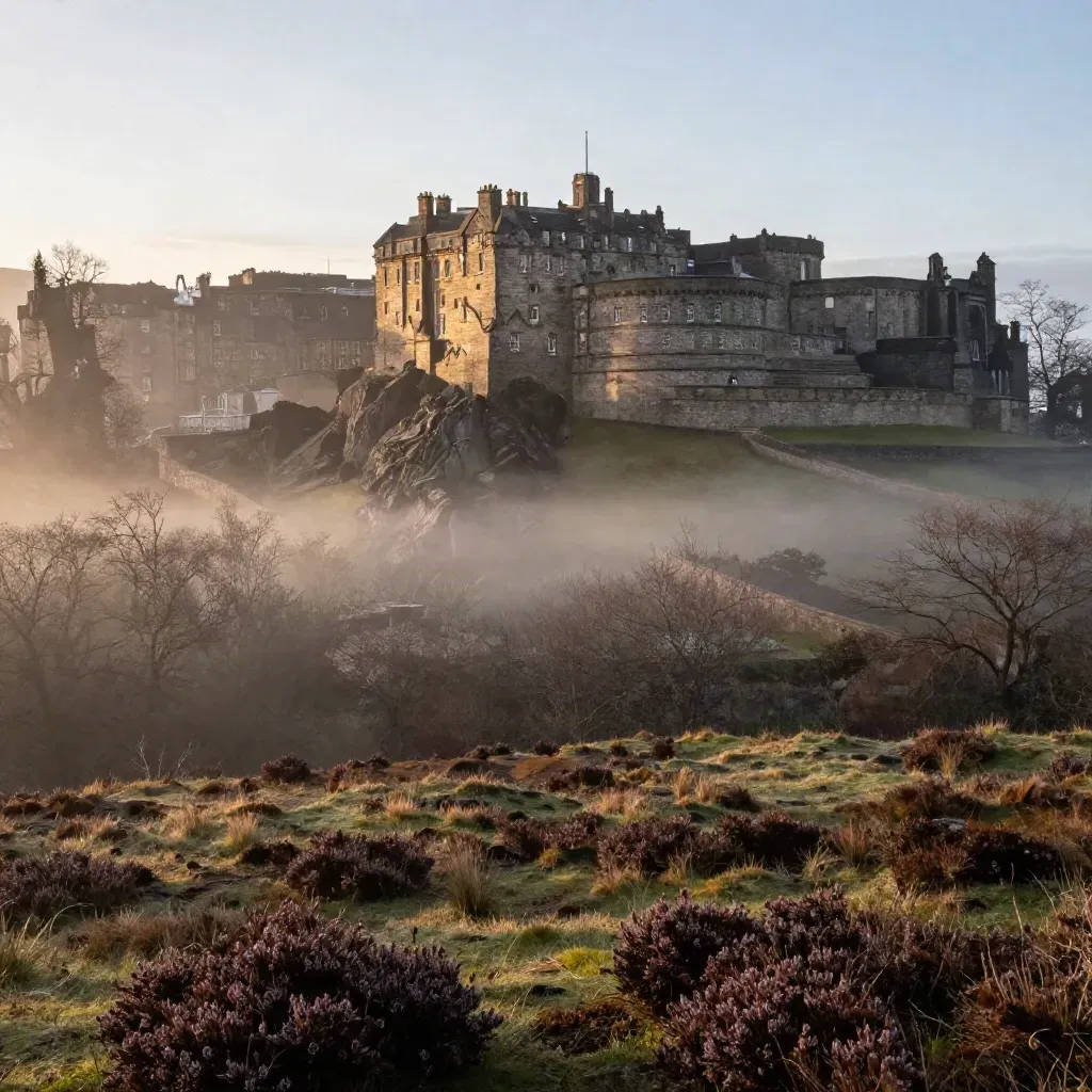 Edinburgh Castle and volcanic ridges above mist at dawn, with calm copy space below.
