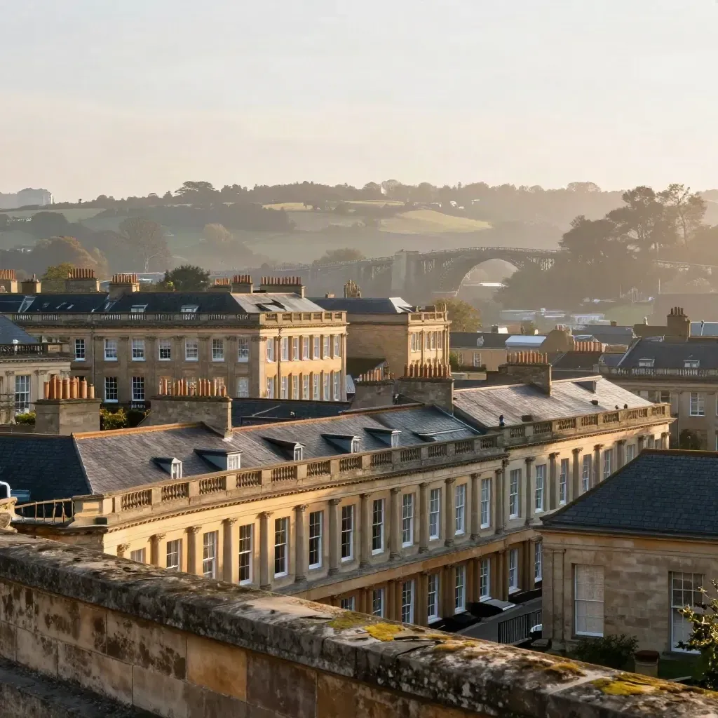 Bath terraces and a distant bridge in warm haze, with calm copy space below